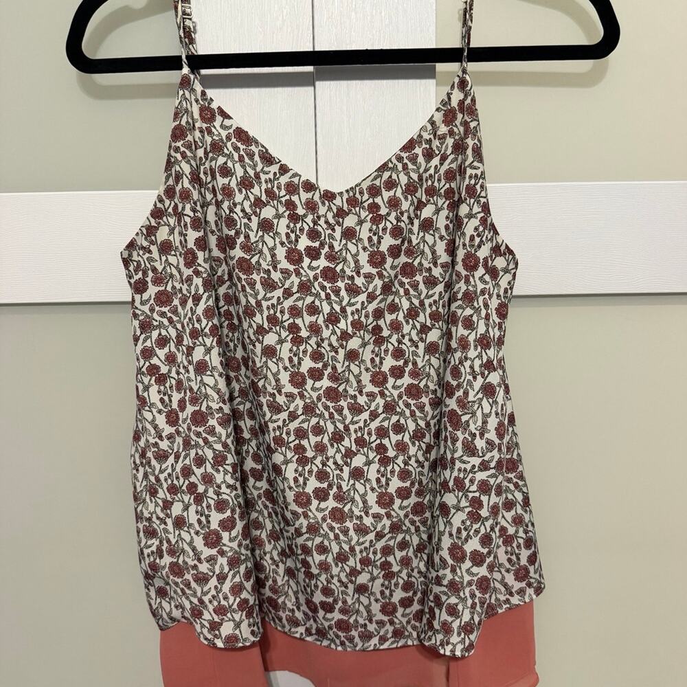 LOFT Womens Small Floral Layered Cami Top Ivory Pink Sleeveless Tank Blouse